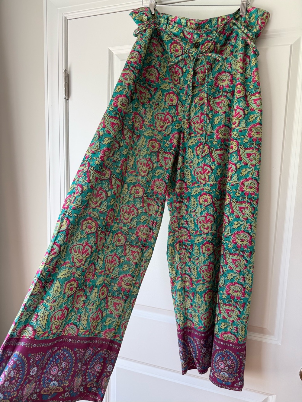 Sundance High-Waist Floral Print Wide-Leg Pants - Green & Pink Boho, Belt, XL